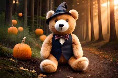 cute Teddy bear wearing a wizard costume in the forest. halloween themeの素材