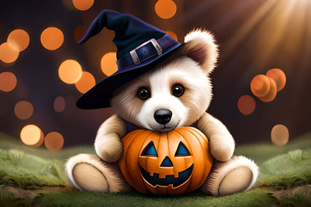 cute Teddy bear wearing a wizard costume in the forest. halloween themeの素材