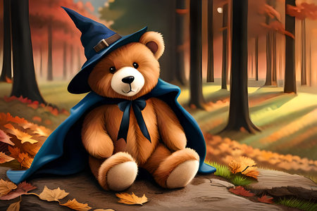 cute Teddy bear wearing a wizard costume in the forest. halloween themeの素材