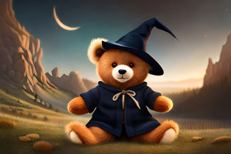 cute Teddy bear wearing a wizard costume in the forest. halloween themeの素材