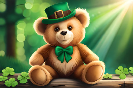 cute teddy bear in leprechaun green hat and bow tie. st patrick's dayの素材