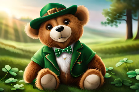 cute teddy bear in leprechaun green hat and bow tie. st patrick's dayの素材