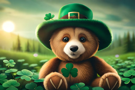 cute teddy bear in leprechaun green hat and bow tie. st patrick's dayの素材