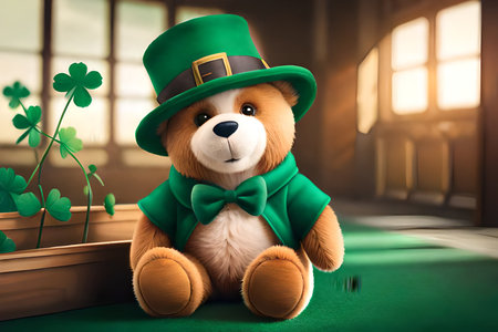 Happy St. Patrick's Day. Cute teddy bear in green leprechaun hat sitting on green carpet.の素材