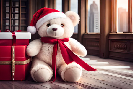 cute and fluffy teddybear in santa claus costume , christmas plushの素材