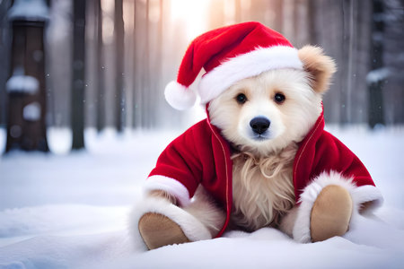 cute and fluffy teddybear in santa claus costume , christmas plushの素材