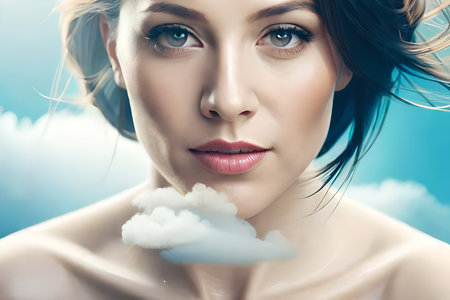 Beautiful young woman with cloud on her face. Cloud computing concept.の素材