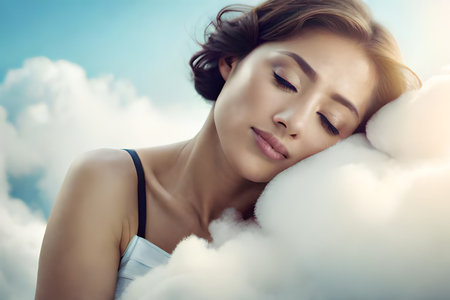 Beautiful young woman with closed eyes and closed eyes lying on a cloudの素材