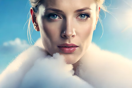Portrait of a beautiful blonde woman in the clouds. Beauty, fashion.の素材