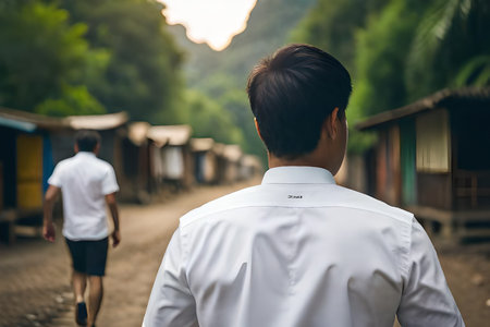 asian man from behind wearing white shirt , man walking in traditional asian villageの素材