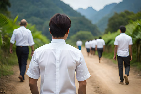 asian man from behind wearing white shirt , man walking in traditional asian villageの素材
