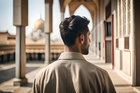 handsome young model man from india or middle east walking in typical town . man from behind wearing a khaki shirtの素材