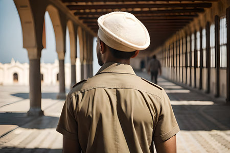 handsome young model man from india or middle east walking in typical town . man from behind wearing a khaki shirtの素材