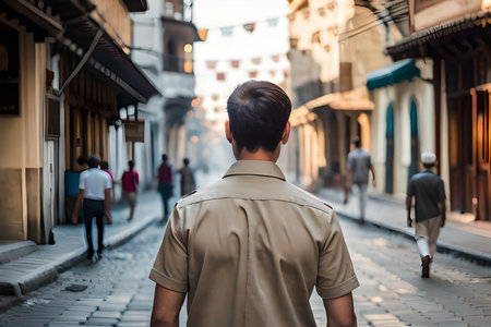handsome young model man from india or middle east walking in typical town . man from behind wearing a khaki shirtの素材