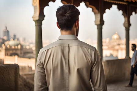 handsome young model man from india or middle east walking in typical town . man from behind wearing a khaki shirtの素材