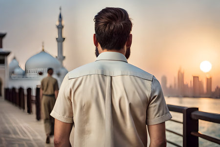 handsome young model man from india or middle east walking in typical town . man from behind wearing a khaki shirtの素材