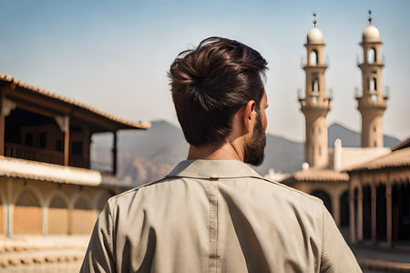 handsome young model man from india or middle east walking in typical town . man from behind wearing a khaki shirtの素材