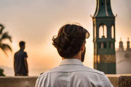handsome young model man from india or middle east walking in typical town . man from behind wearing a khaki shirtの素材