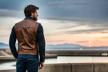 male model from behind wearing a leather jacket , outdoor fashion modelの素材