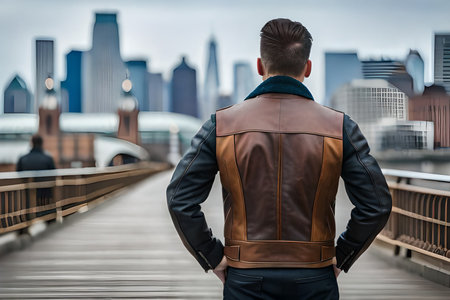 male model from behind wearing a leather jacket , outdoor fashion modelの素材