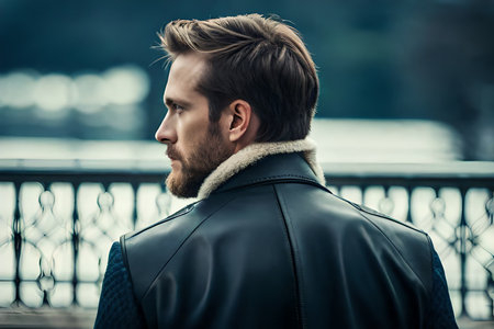 male model from behind wearing a leather jacket , outdoor fashion modelの素材