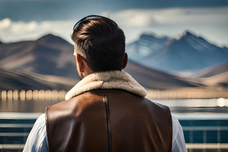 male model from behind wearing a leather jacket , outdoor fashion modelの素材