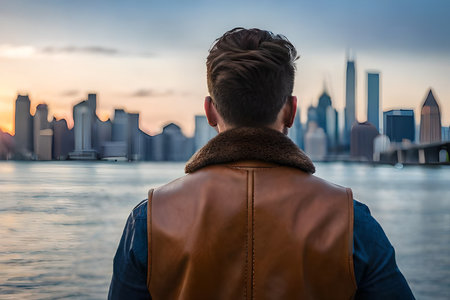 male model from behind wearing a leather jacket , outdoor fashion modelの素材