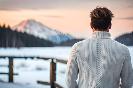 man from behind wearing a warm knitted wool pullover top in a winter and snowy background , winter clothing modelの素材