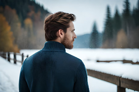 man from behind wearing a warm knitted wool pullover top in a winter and snowy background , winter clothing modelの素材