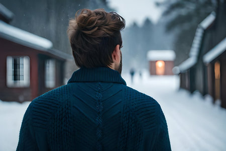 man from behind wearing a warm knitted wool pullover top in a winter and snowy background , winter clothing modelの素材