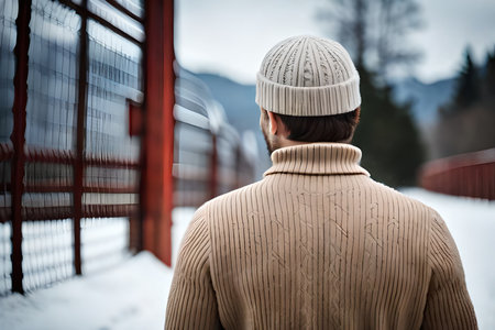 man from behind wearing a warm knitted wool pullover top in a winter and snowy background , winter clothing modelの素材