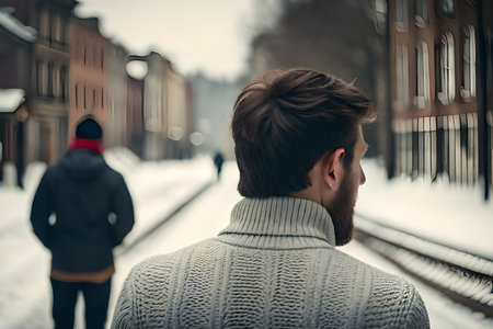man from behind wearing a warm knitted wool pullover top in a winter and snowy background , winter clothing modelの素材