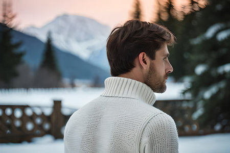 man from behind wearing a warm knitted wool pullover top in a winter and snowy background , winter clothing modelの素材