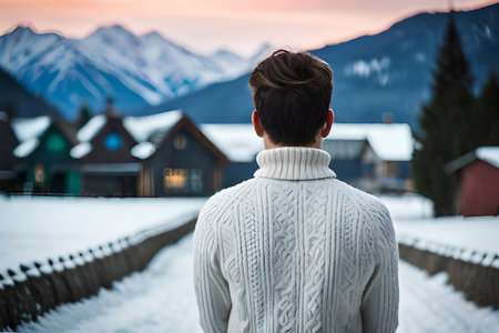 man from behind wearing a warm knitted wool pullover top in a winter and snowy background , winter clothing modelの素材