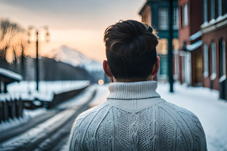 man from behind wearing a warm knitted wool pullover top in a winter and snowy background , winter clothing modelの素材