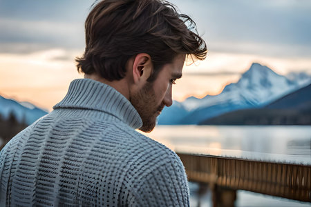 man from behind wearing a warm knitted wool pullover top in a winter and snowy background , winter clothing modelの素材