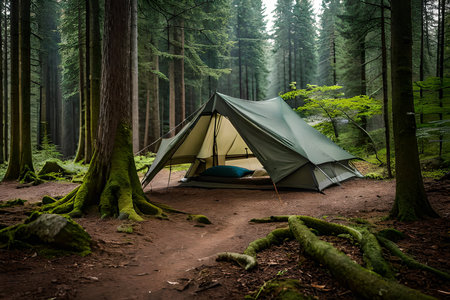 green tarp tent in the woods, bushcraft and wild campingの素材
