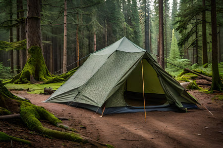 green tarp tent in the woods, bushcraft and wild campingの素材