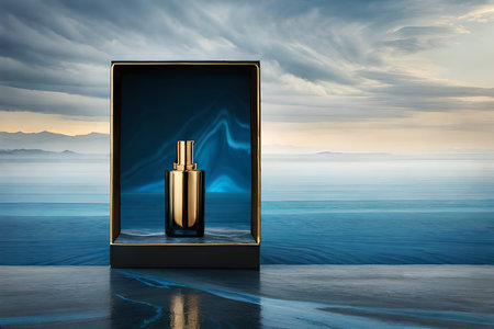 blue marble perfume cosmetics template . blue perfume bottle , luxury cosmetics branding mockupの素材