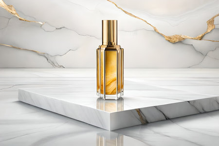 white marble and golden perfume bottle , chic and luxurious cosmetics advertising templateの素材