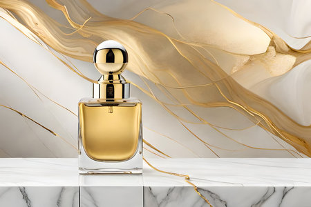 white marble and golden perfume bottle , chic and luxurious cosmetics advertising templateの素材