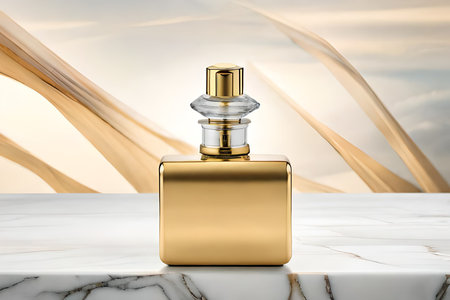 white marble and golden perfume bottle , chic and luxurious cosmetics advertising templateの素材