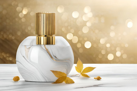 white marble and golden perfume bottle , chic and luxurious cosmetics advertising templateの素材