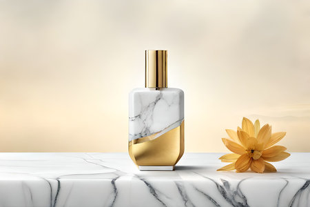 white marble and golden perfume bottle , chic and luxurious cosmetics advertising templateの素材