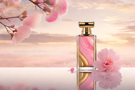 gold , white and pink perfume concept , marble and flowers , feminine cosmetics template , perfume flaskの素材