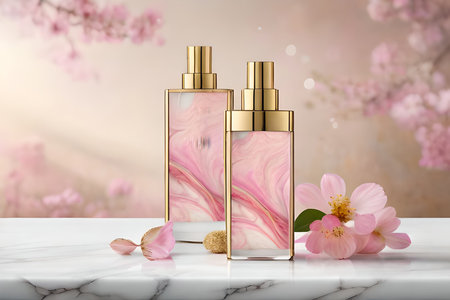 gold , white and pink perfume concept , marble and flowers , feminine cosmetics template , perfume flaskの素材