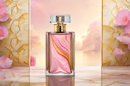 gold , white and pink perfume concept , marble and flowers , feminine cosmetics template , perfume flaskの素材