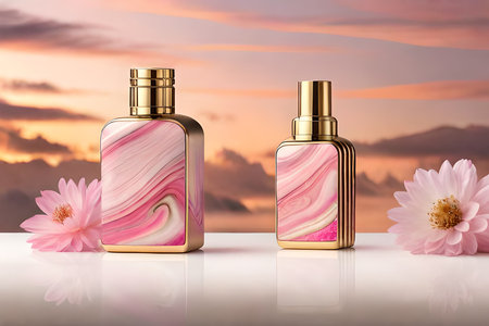 gold , white and pink perfume concept , marble and flowers , feminine cosmetics template , perfume flaskの素材