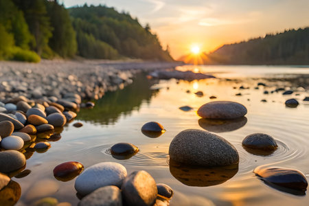 Balanced pebbles on the shore of a lake. relaxing landscape and natural artの素材