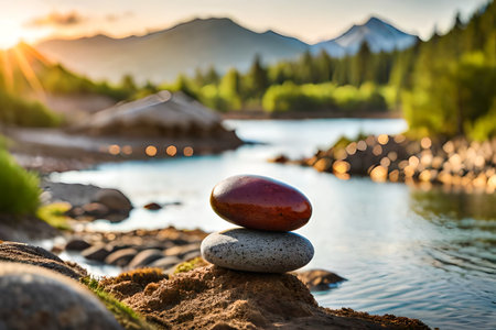 Balanced pebbles on the shore of a lake. relaxing landscape and natural artの素材